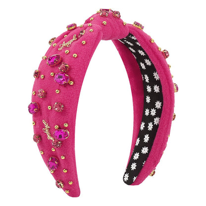 Retro Wide Edge Knot Bead Water Diamond Plush Fabric Thickened Letter Hair Hoop
