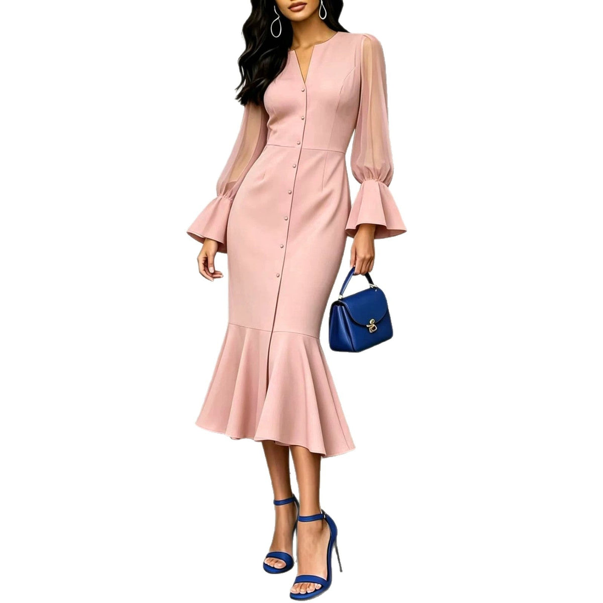 V-neck Chiffon Patchwork Puffed Long-sleeve Dress