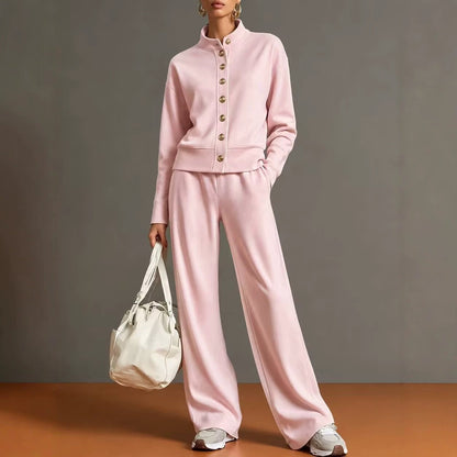 Stand-collar Cardigan And Wide-leg Pants Set