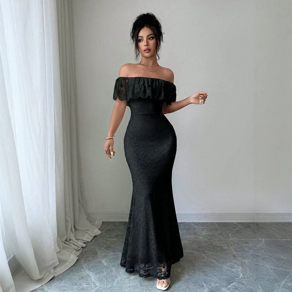 Autumn Elegant Off-shoulder Lace-panel Dress With A Flounced Hem
