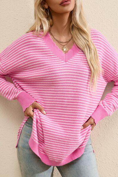 Striped V-Neck Dropped Shoulder Sweater for Women
