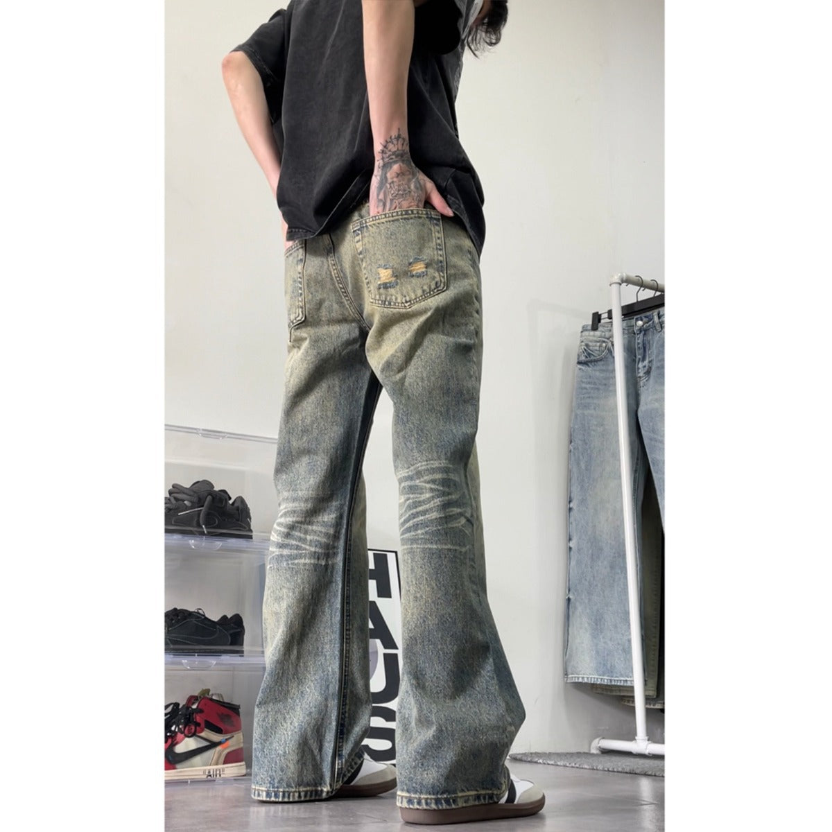 Mens American Style Retro Washed Distressed Straight Leg Jeans
