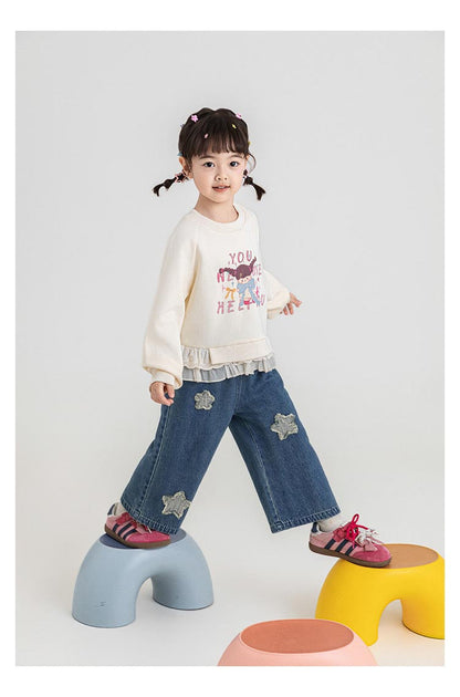 Girls' Washed-Effect Denim Jeans With Cute Star Embroidery And Fade-Resistant Design