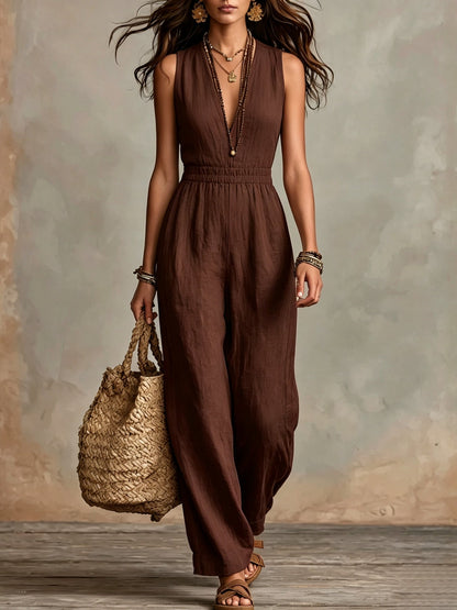Women's Solid-Color Halter Neck V-Neck Slim-Fit Jumpsuit