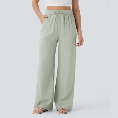 2026 High-Waisted Drawstring Side Pocket Casual Style Linen Flowy Elastic Beach Wide-Leg Pants Women's Cloud Cotton Casual Pants
