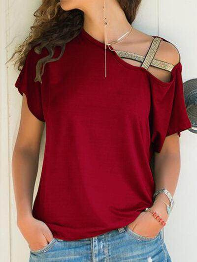 Asymmetrical Neck Short Sleeve T-Shirt for Women Fashion