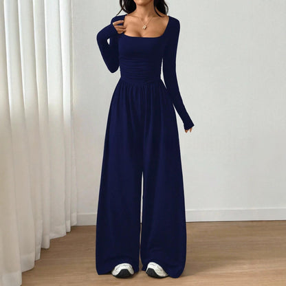 Long-sleeve Square-neck Casual Wide-leg Jumpsuit