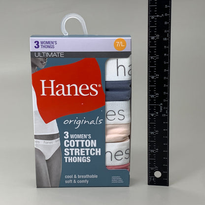 HANES 3 PACK!! Originals Women's Breathable Cotton Stretch Thongs Underwear Sz 7/L Blue/Buff/Pink 45OUBT