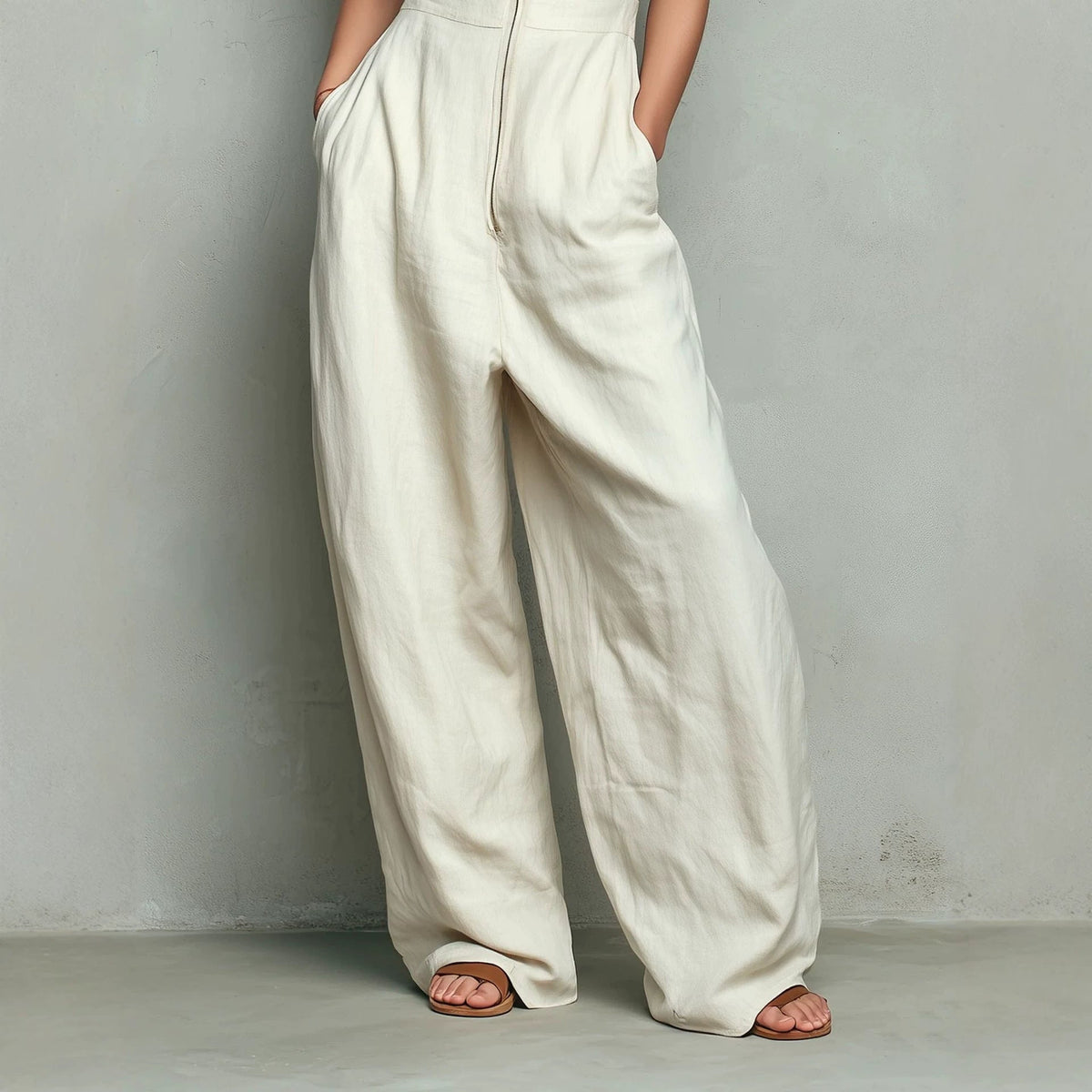 Womens Solid-color Zip-front Backless Wide-leg Relaxed-fit Jumpsuit