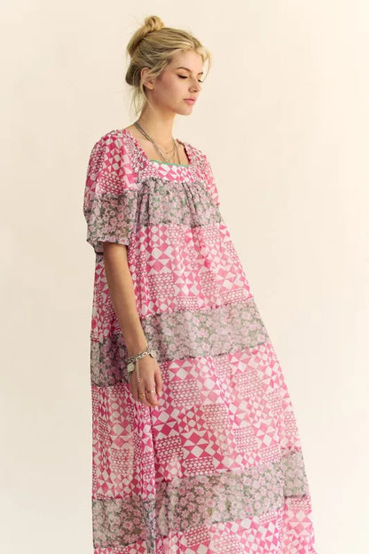Davi & Dani Multi Floral Square Neck Puff Sleeve Maxi Dress