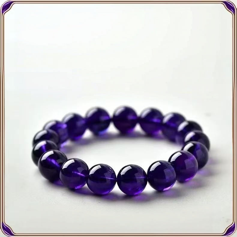 Natural Dark Amethyst Bracelet Uruguayan Amethyst Round Beaded Chain Unisex Energy Jewelry