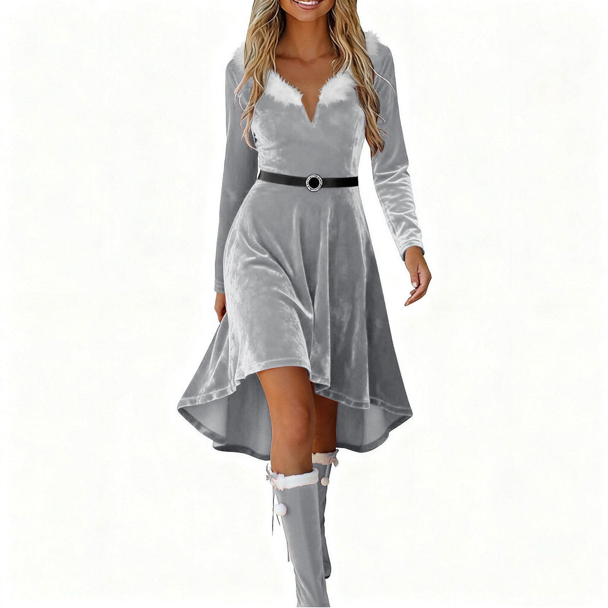 Christmas Womens Fur-Patchwork V-Neck Long-Sleeve Dress