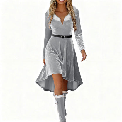 Christmas Womens Fur-Patchwork V-Neck Long-Sleeve Dress