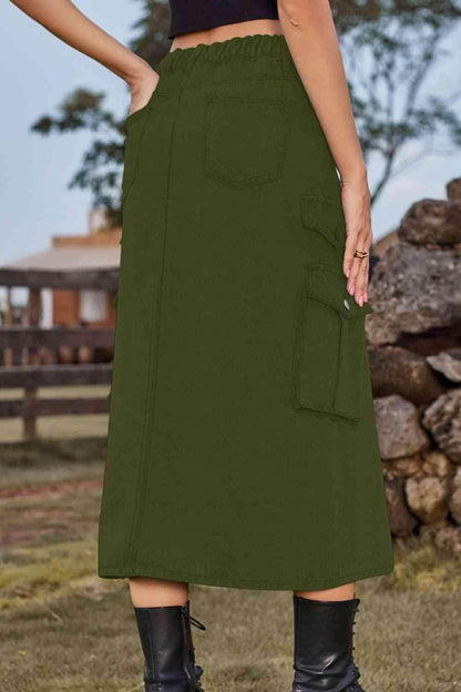 Slit Front Midi Denim Skirt with Pockets for Women