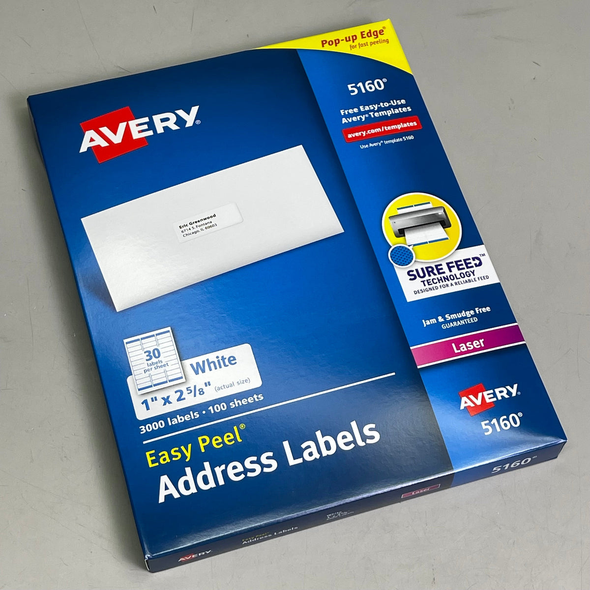 AVERY Easy Peel Sure Feed Address Labels 30 Sheet 1"x 2-5/8" Adhesive White 5160