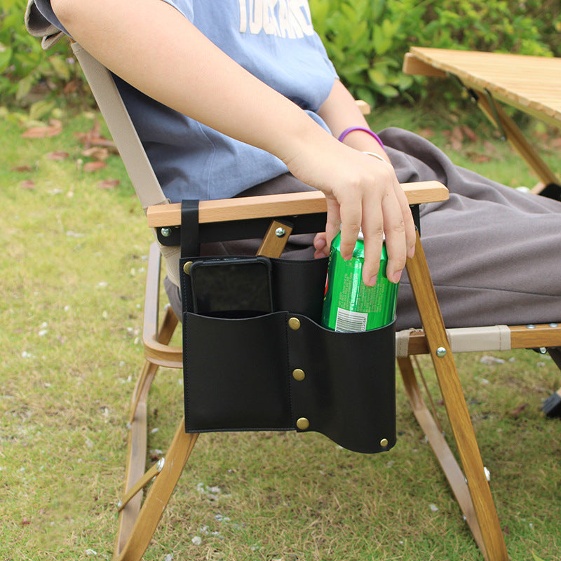 Camping chair leather storage bag mobile phone beer beverage storage bag outdoor chair side bag miscellaneous storage