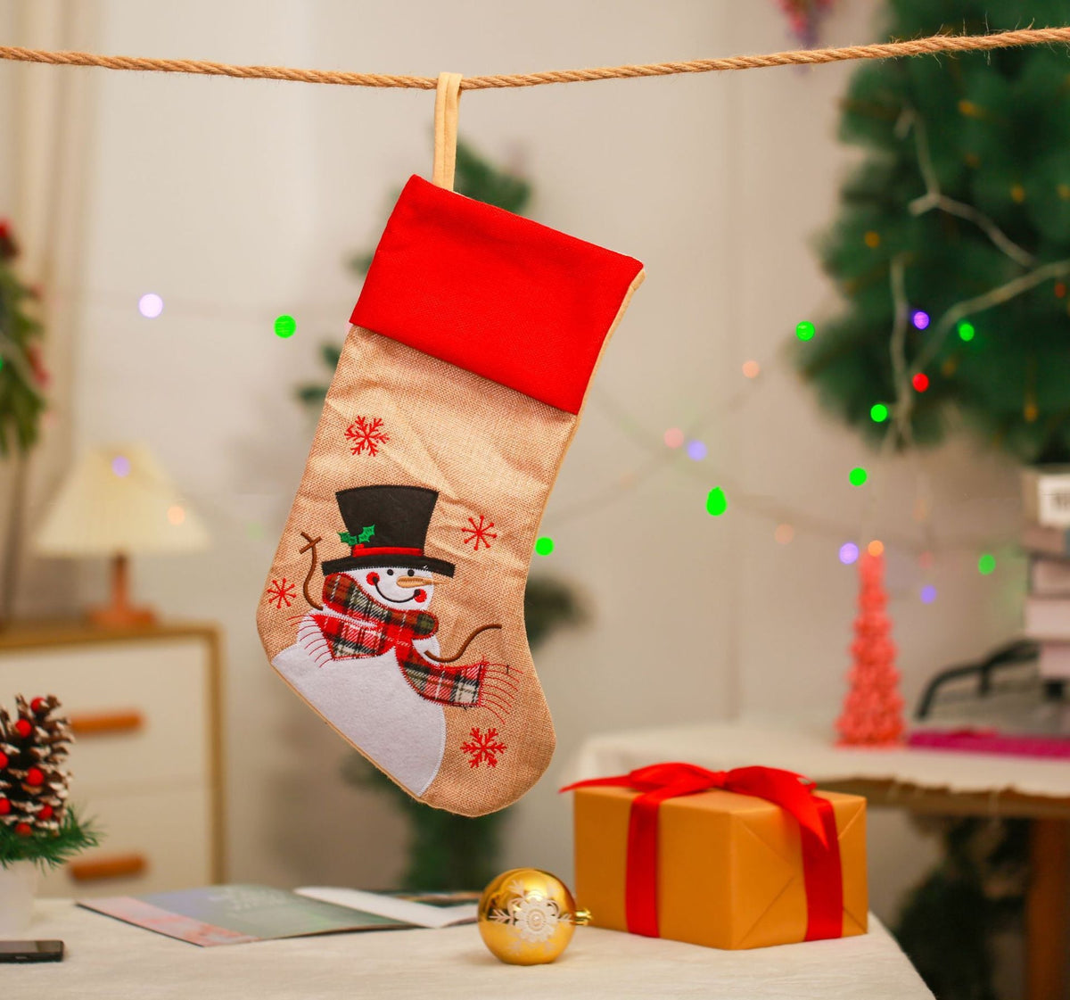 Christmas Decoration Linen Red Bordered Old Man Snowman Christmas Socks Christmas Gift Bag Candy Socks