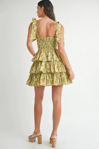 MABLE Floral Print Shoulder Tie Layered Mini Dress