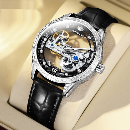 Openwork Mechanical Watch With Waterproof Leather Strap For Men