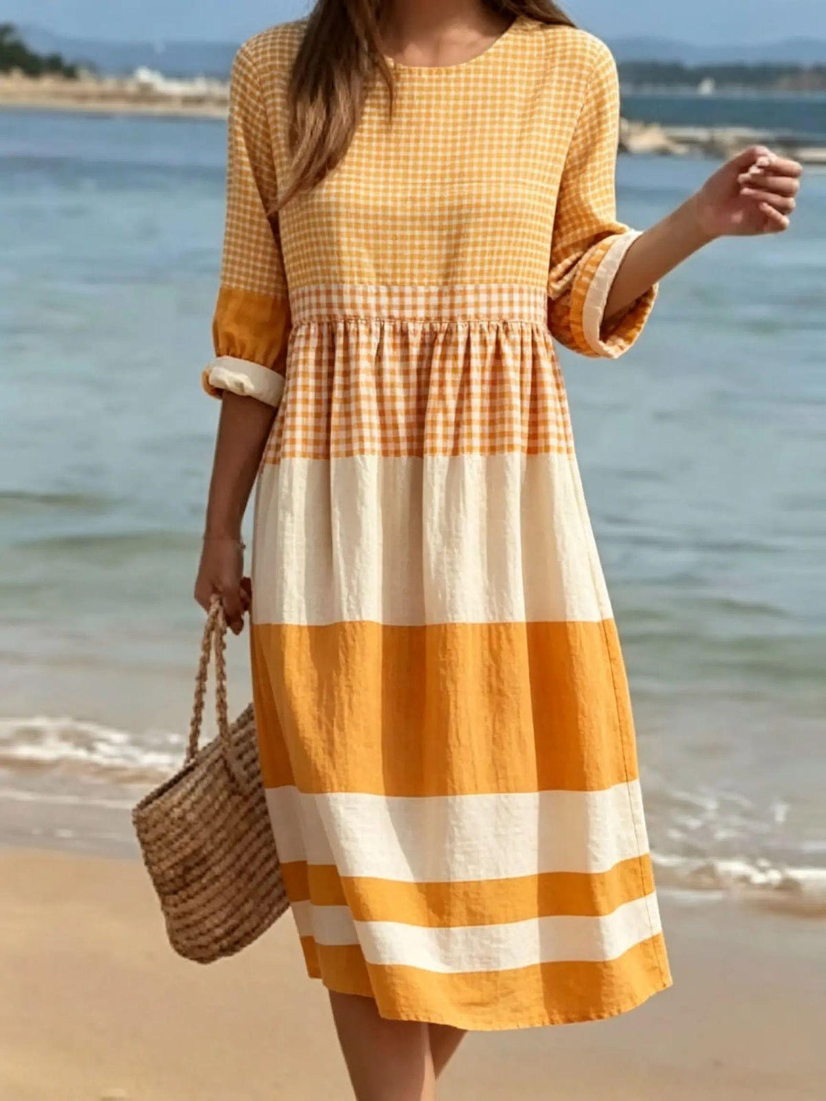 Womens Casual Patchwork Cotton-Linen Dress
