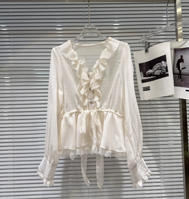 V-neck Ruffled Waist-cinching Long-sleeve Chiffon Blouse Top