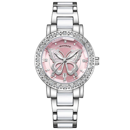 Butterfly Diamond-encrusted Luxury Women's Watch With Calendar And Steel Strap
