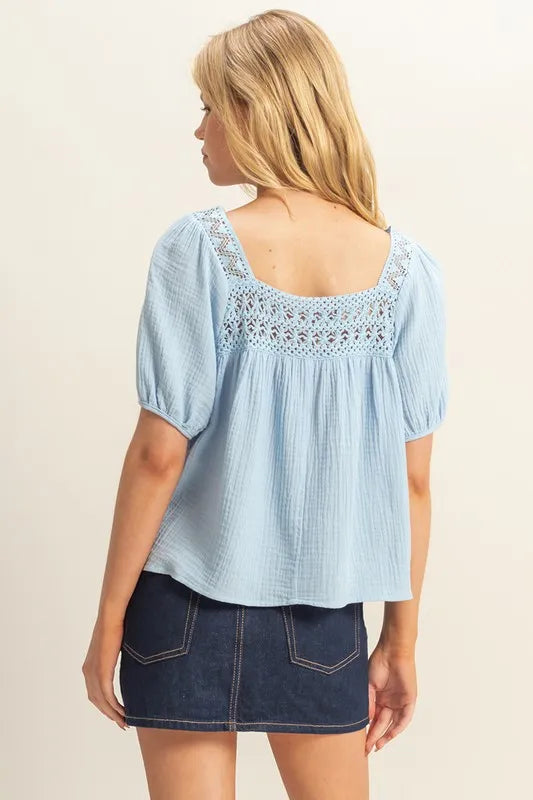 HYFVE Crochet Detail Puff Sleeve Peasant Top