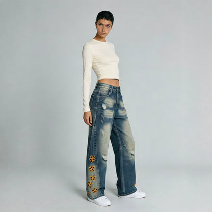 Retro Distressed Womens Denim Jeans