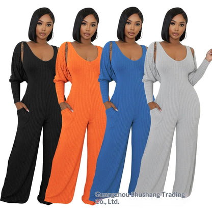 Women's High-stretch Ribbed Long-sleeve Jumpsuit Set