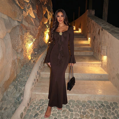 Women's V-neck Flared Long-sleeve Dress