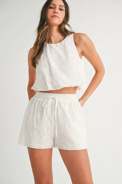 MABLE Eyelet Bubble Hem Sleeveless Top and Shorts Set