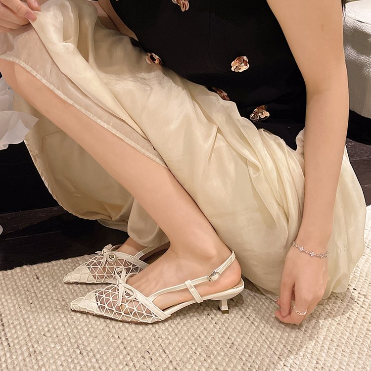 Women Gentle Romantic Transparent Grid Hollow Mesh Mini Bow Slingback Pumps, Pointed Toe Breathable Matching Casual Daily