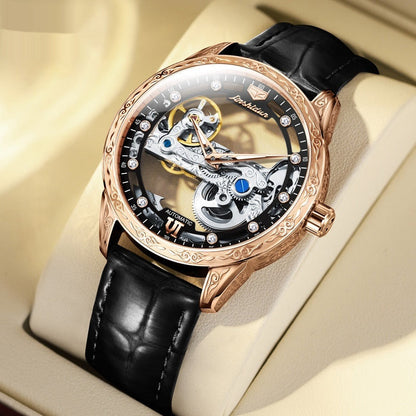 Openwork Mechanical Watch With Waterproof Leather Strap For Men