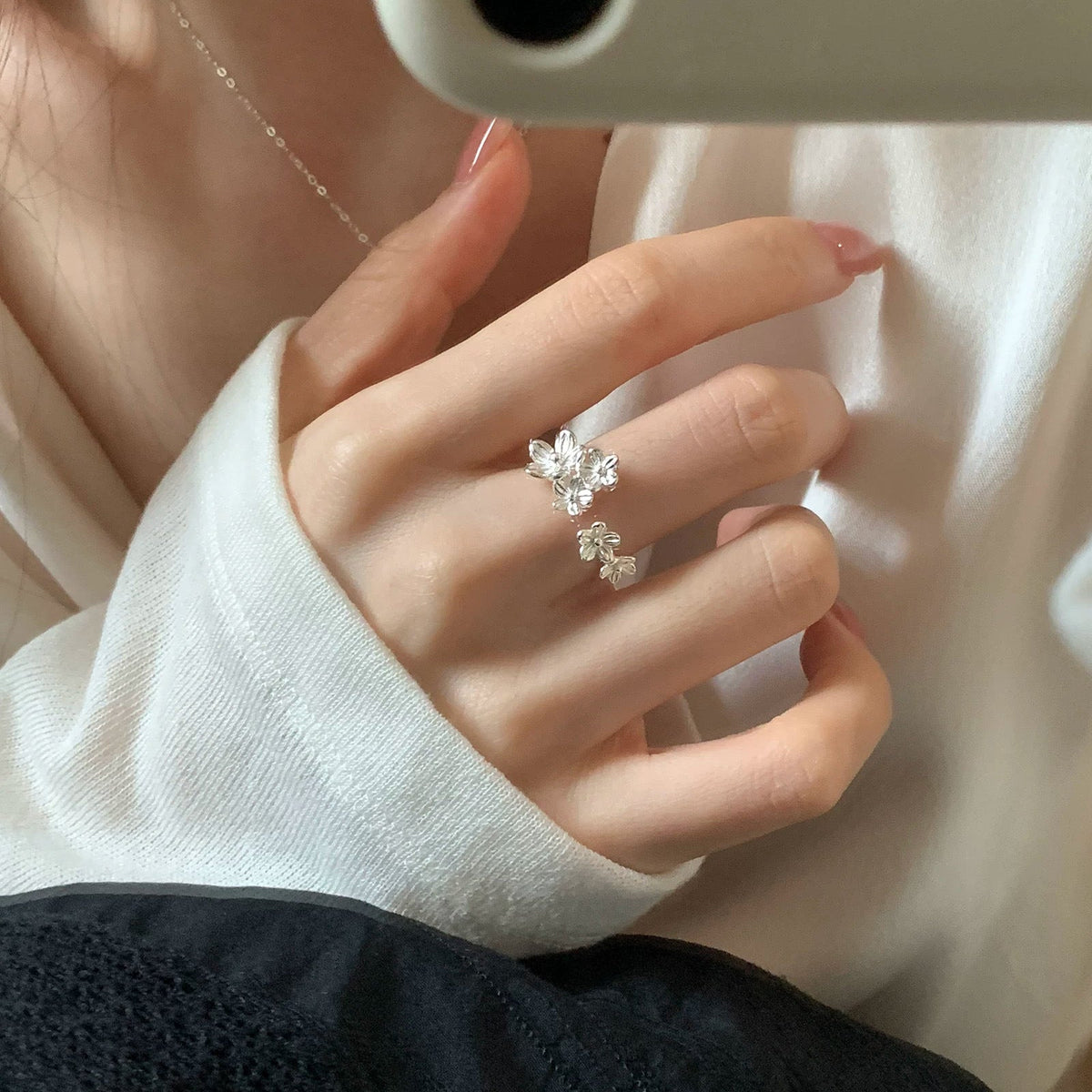 New Arrival 3D Flower Cluster Adjustable Open Ring For Ladies, Mori Style Niche Gentle Versatile Stainless Steel Finger Jewelry
