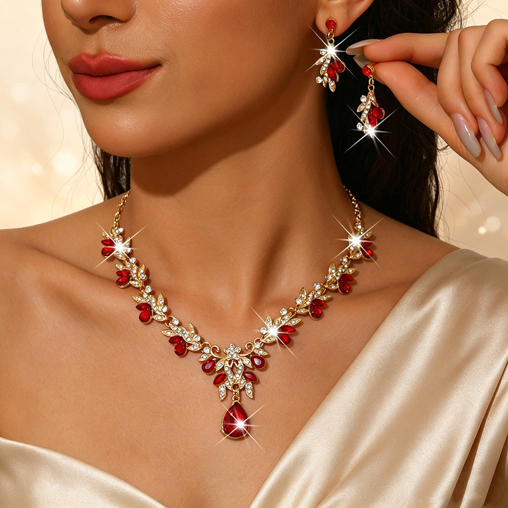Metal Rhinestone Wedding Necklace And Earrings Jewelry Set
