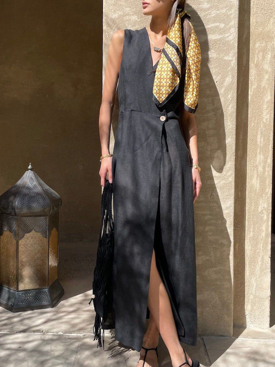 Sleeveless V-Neck Linen Wrap Dress