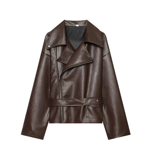 Elegant LapelneckLaceup Cropped Leather Jacket For Workwear
