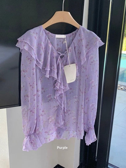 Womens Versatile Floral-print Bow-tie Lace-up Blouse