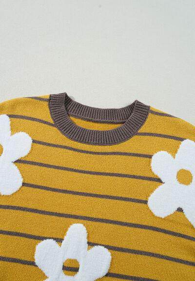 Flower Stripe Round Neck Long Sleeve Sweater for Women