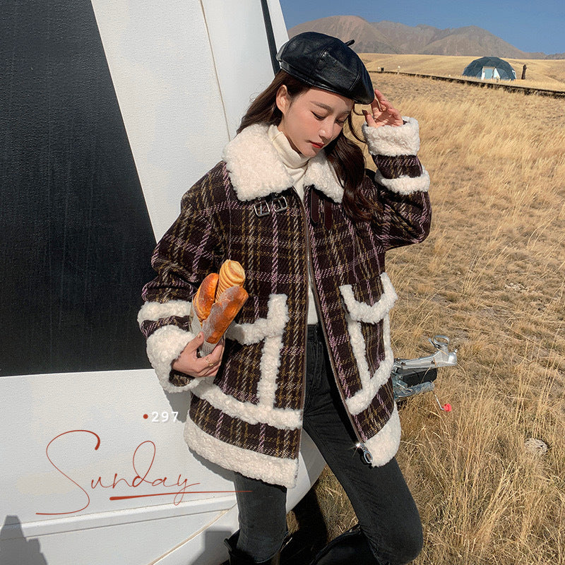 Composite Wheat Ears Thickened Plaid Fur Coat Women