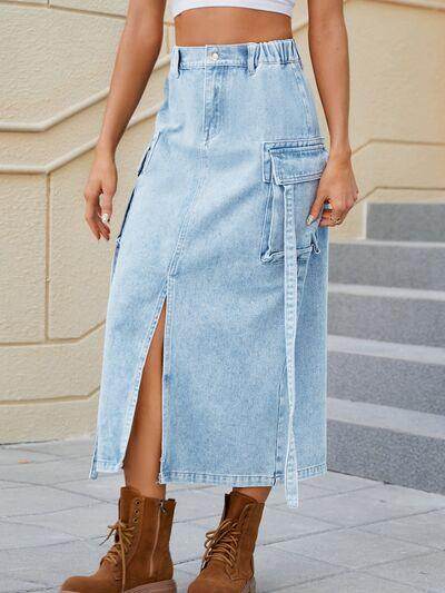 Slit Pocketed High Waist Denim Skirt for Women