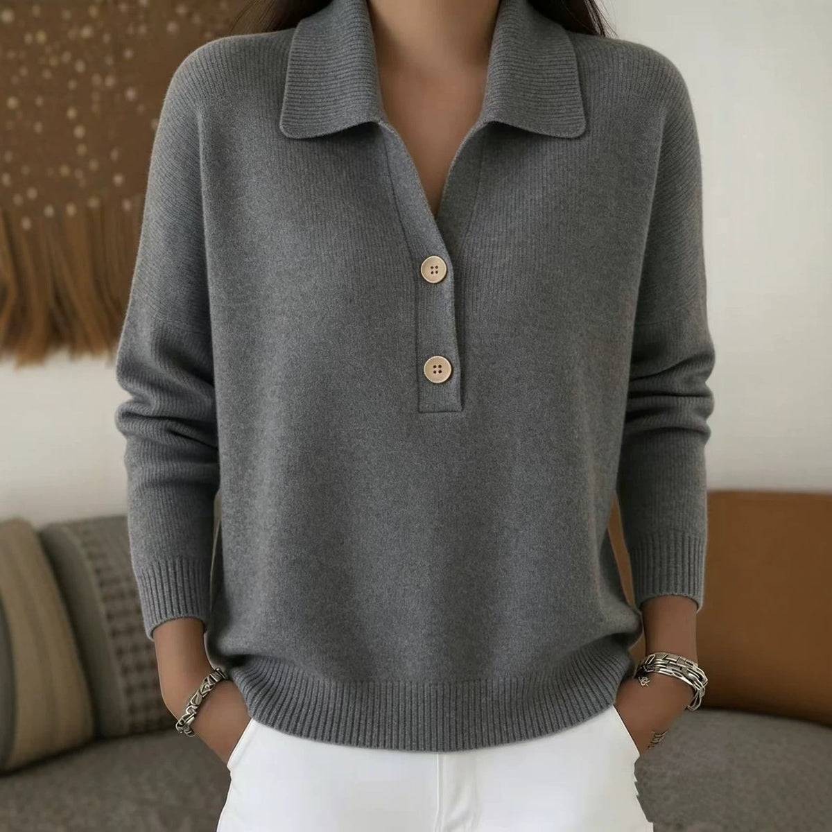 Button Lapel Sweater Women's Knitted Polo Neck Long Sleeve Pullover Top Casual Fall Winter Clothing