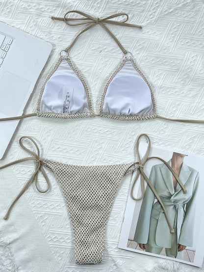 Halter Neck Tie Back Bikini Set For Women