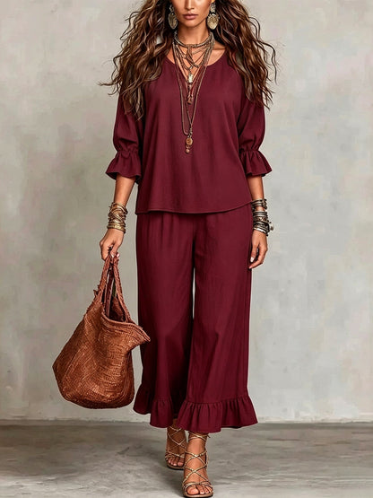 Women's Solid-color Loose-fit Casual Button-up Set