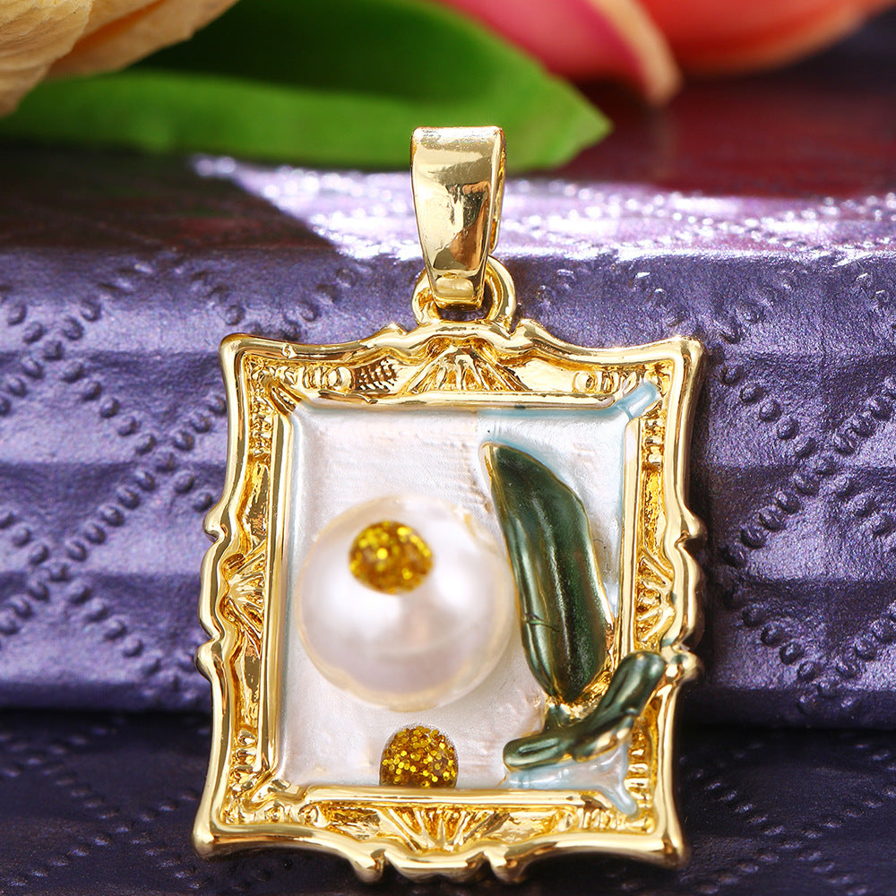 Floral-Painted Dripped-Glaze Universal-Clip Necklace DIY Pendant