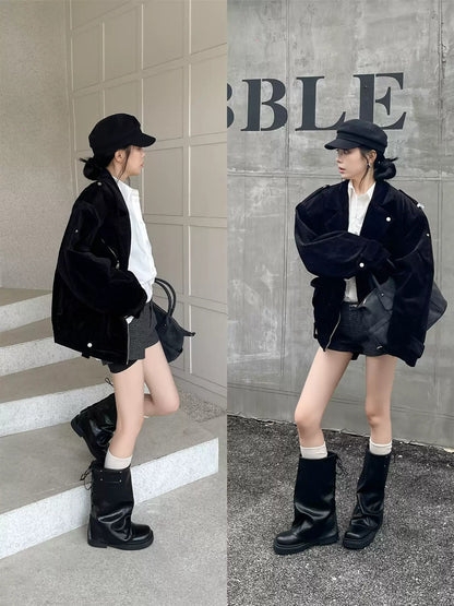 Women's Niche Retro Square-toe Boot-cut Pants With Laces