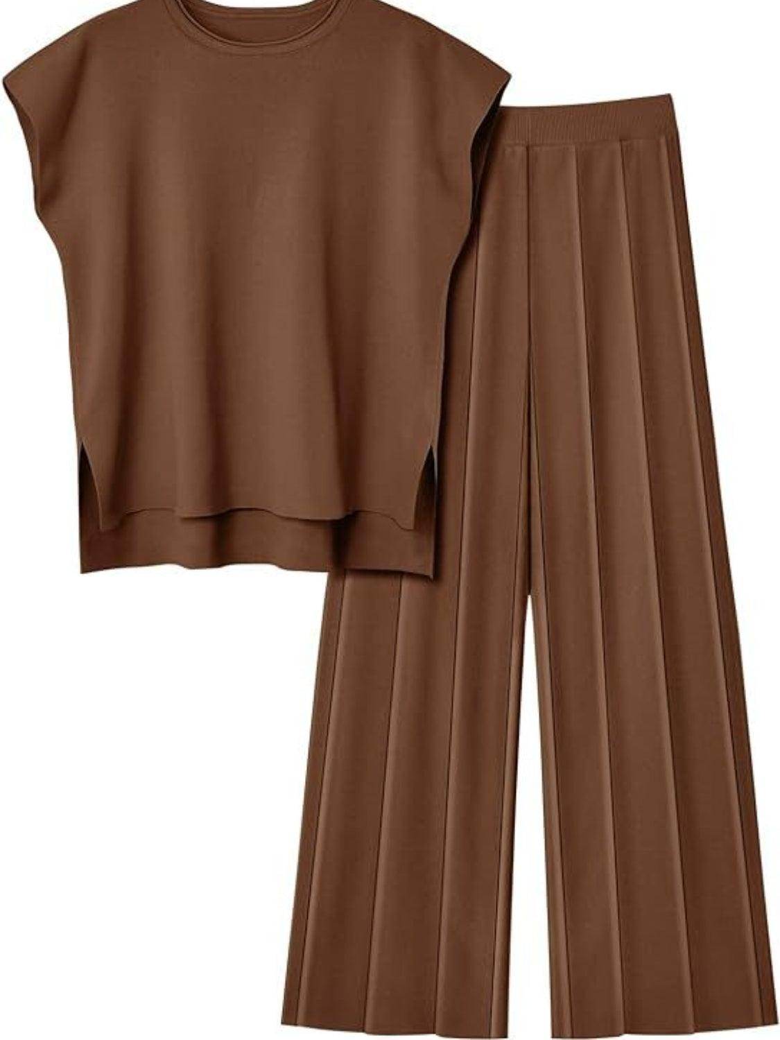 Round Neck Cap Sleeve Top and Pants Knit Set for Women