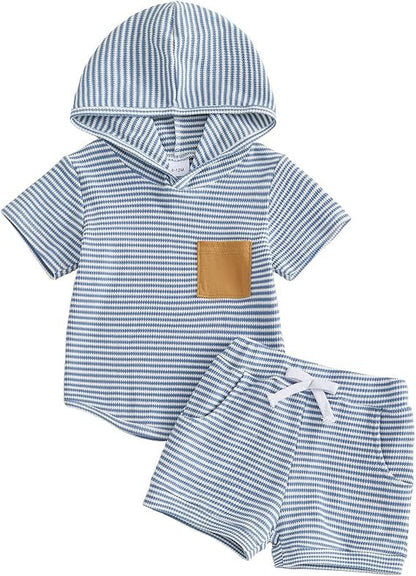 Baby Boy Striped Waffle-Weave Hooded Set