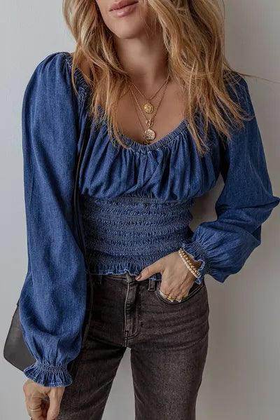 Smocked Long Sleeve Denim Top for Women Stylish Casual Wear