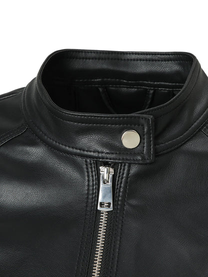 Women's Stand-collar Zip-up Biker PU Leather Jacket